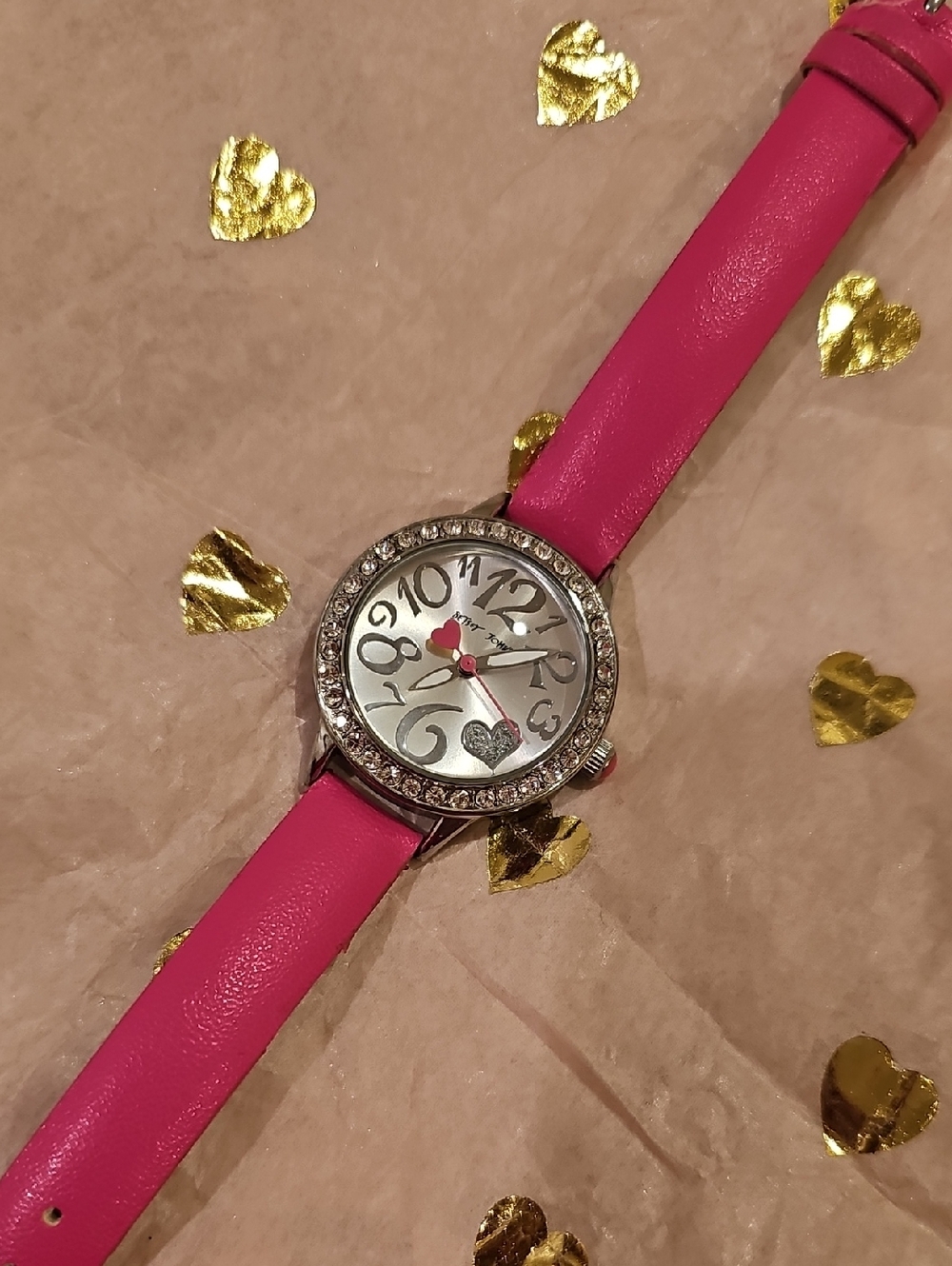 Betsey Johnson Women's Pink Heart Accent Rhinestone Watch